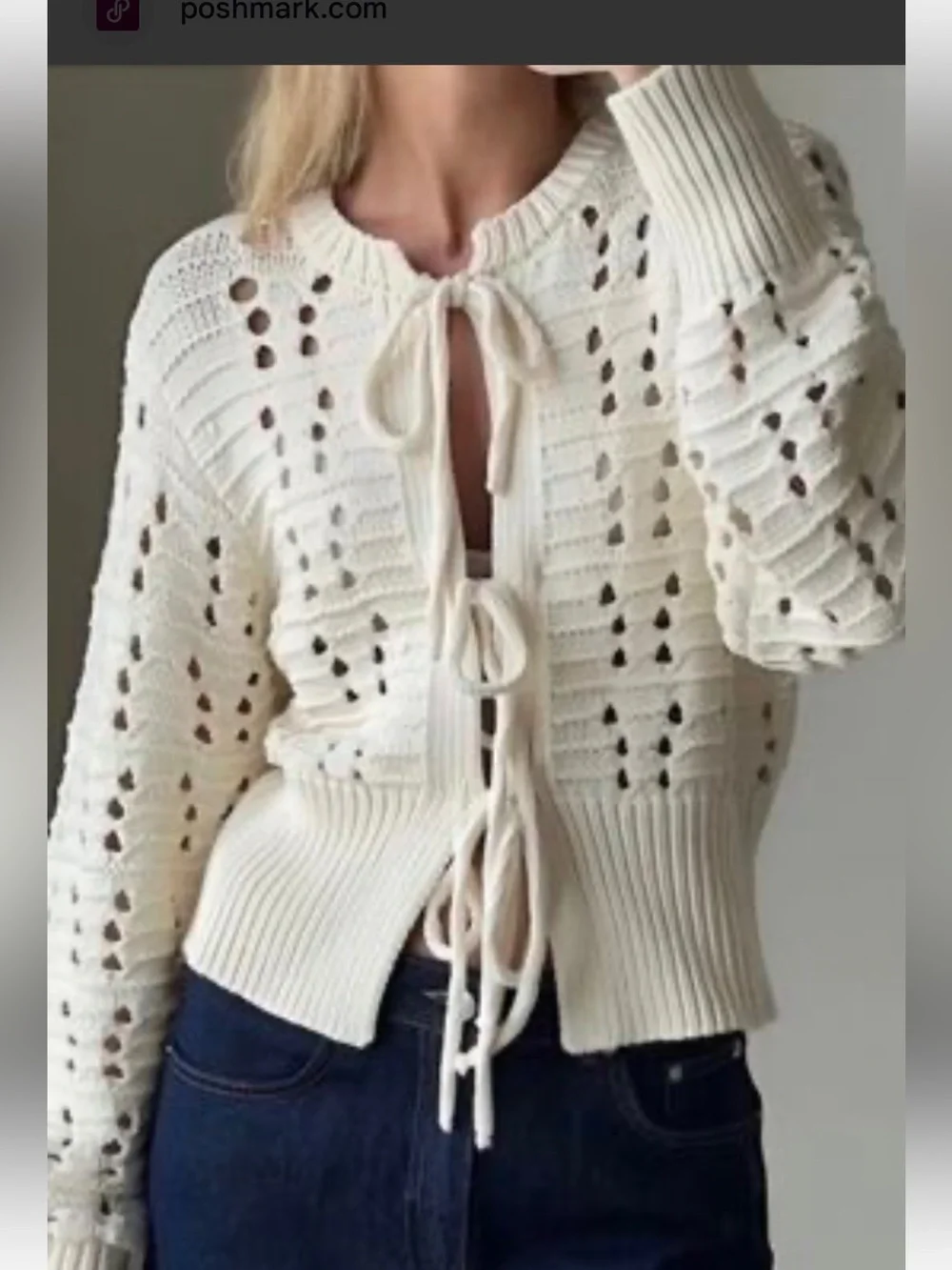Jessica Simpson Cream Open Knit Tie-Front Cropped Cotton Blend Cardigan Medium